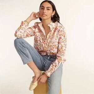 New J. Crew Cherry Blossoms Ruffle Neck Top Pink Multi Floral Long Sleeve Sz 4
